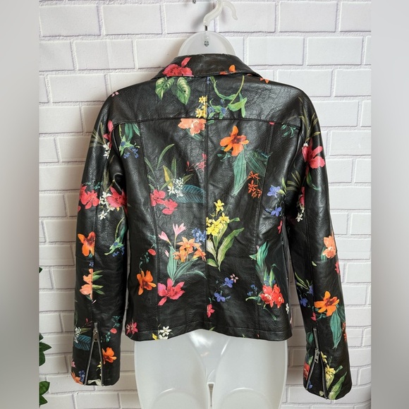 PATRIZIA LUCA Black Leather Jacket Bold Floral Print and Tailored Fit/size S - Picture 7 of 12
